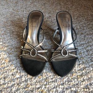 Women’s black strapless rhinestone heels